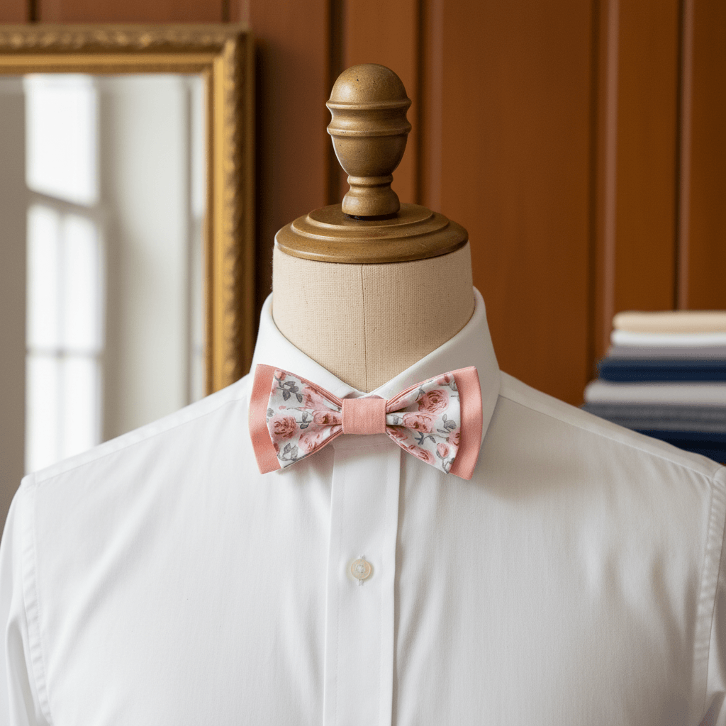 Nœud papillon couleur pêche et tissu fleuri présenté sur un mannequin, accessoire idéal pour égayer un costume beige ou gris clair.