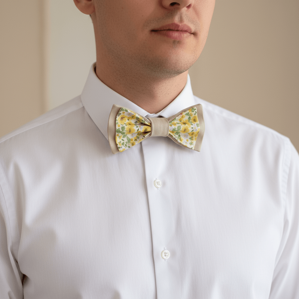 Nœud papillon pour homme en tissu beige avec insert central fleuri jaune et vert, porté sur une chemise blanche.