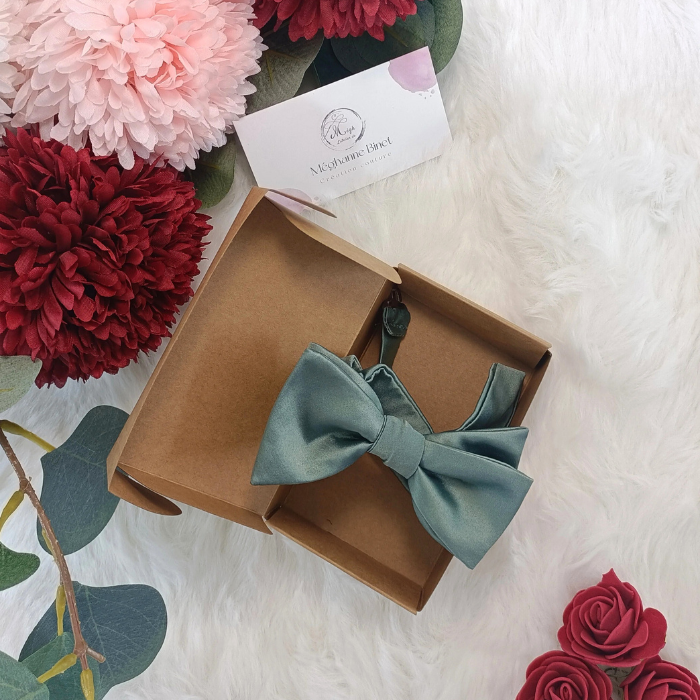 Nœud papillon enfant vert sauge présenté dans sa boîte cadeau en kraft. Emballage soigné et artisanal, idéal pour offrir.