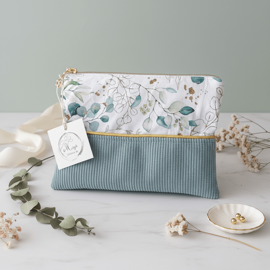 Petite pochette plate bi-matière associant un velours côtelé vert sauge et un imprimé aux délicates feuilles d'eucalyptus, souligné par un passepoil doré.