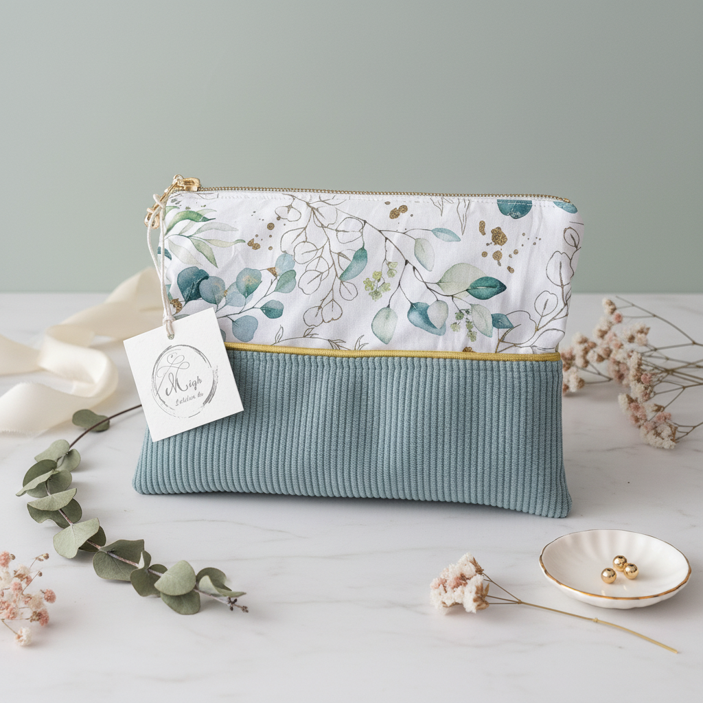 Petite pochette plate bi-matière associant un velours côtelé vert sauge et un imprimé aux délicates feuilles d'eucalyptus, souligné par un passepoil doré.