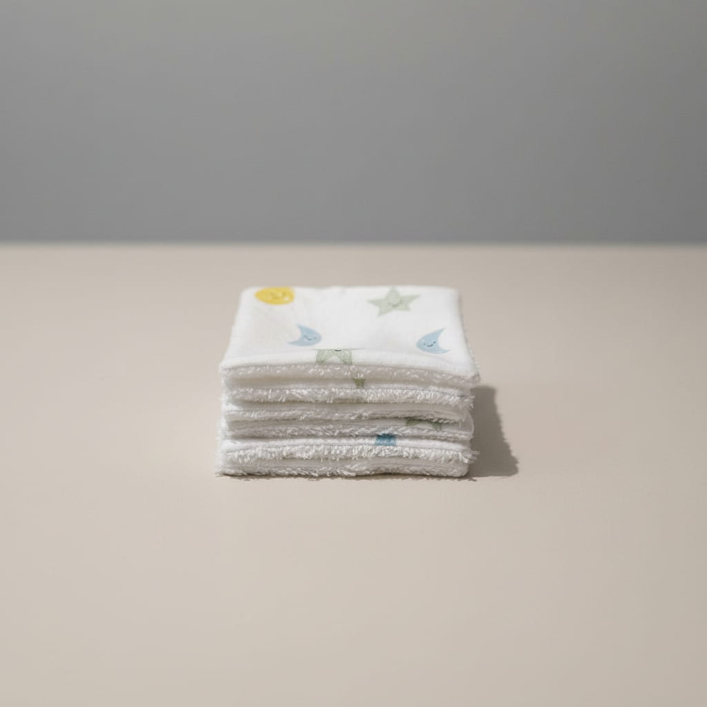 Pile de carrés démaquillants lavables montrant l'épaisseur moelleuse de l'éponge et les bordures soignées.