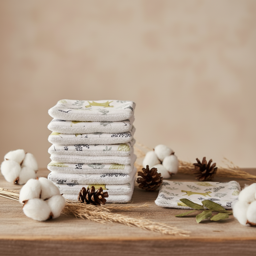 Grande pile de lingettes lavables bébé motif renard des bois. Mise en scène automnale montrant l'épaisseur et le moelleux de l'éponge de bambou.