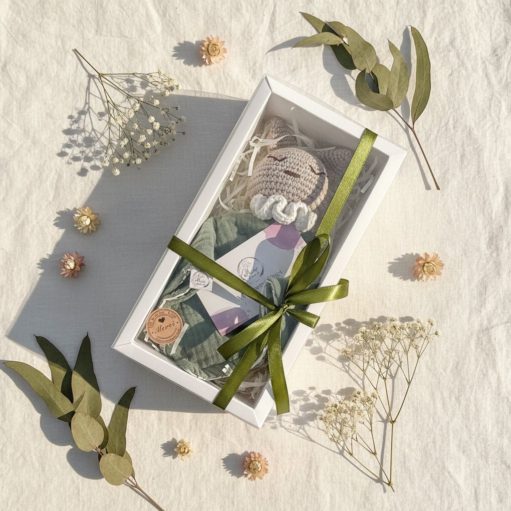 Doudou lapin personnalisé en crochet et gaze de coton vert présenté dans un coffret cadeau avec ruban vert.