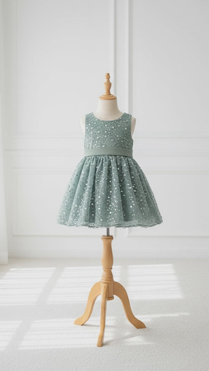 Vidéo de présentation montrant la robe vert sauge sous tous les angles, révélant la brillance des sequins et le volume du tulle.