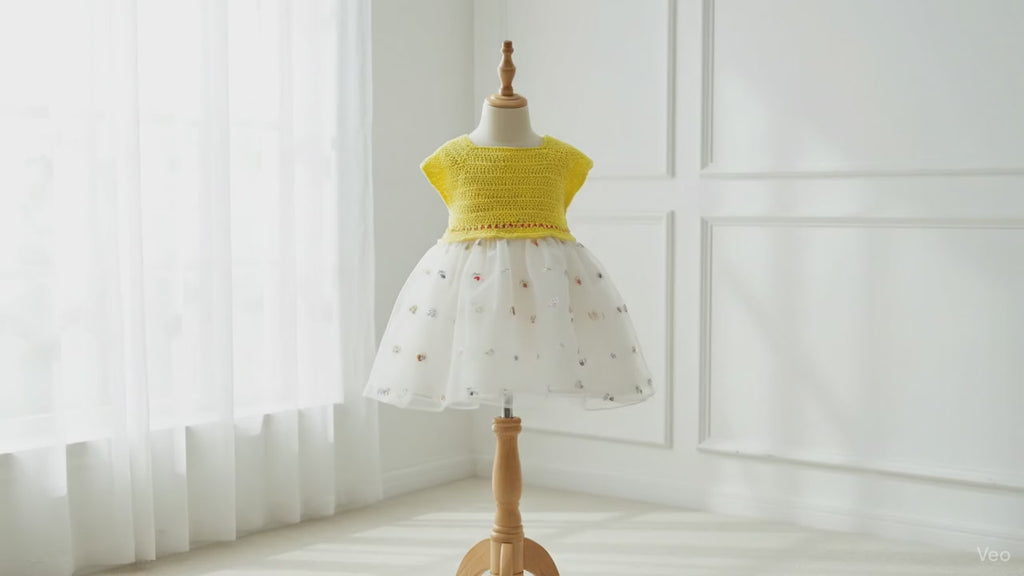 Robe d'Été Bébé "Soleil" – Haut Crochet Jaune & Tulle Brodé