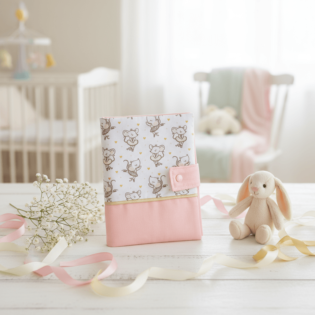 Protège carnet de santé motif souris rose poudré posé debout dans une décoration douce de chambre de bébé avec un doudou lapin et des fleurs.