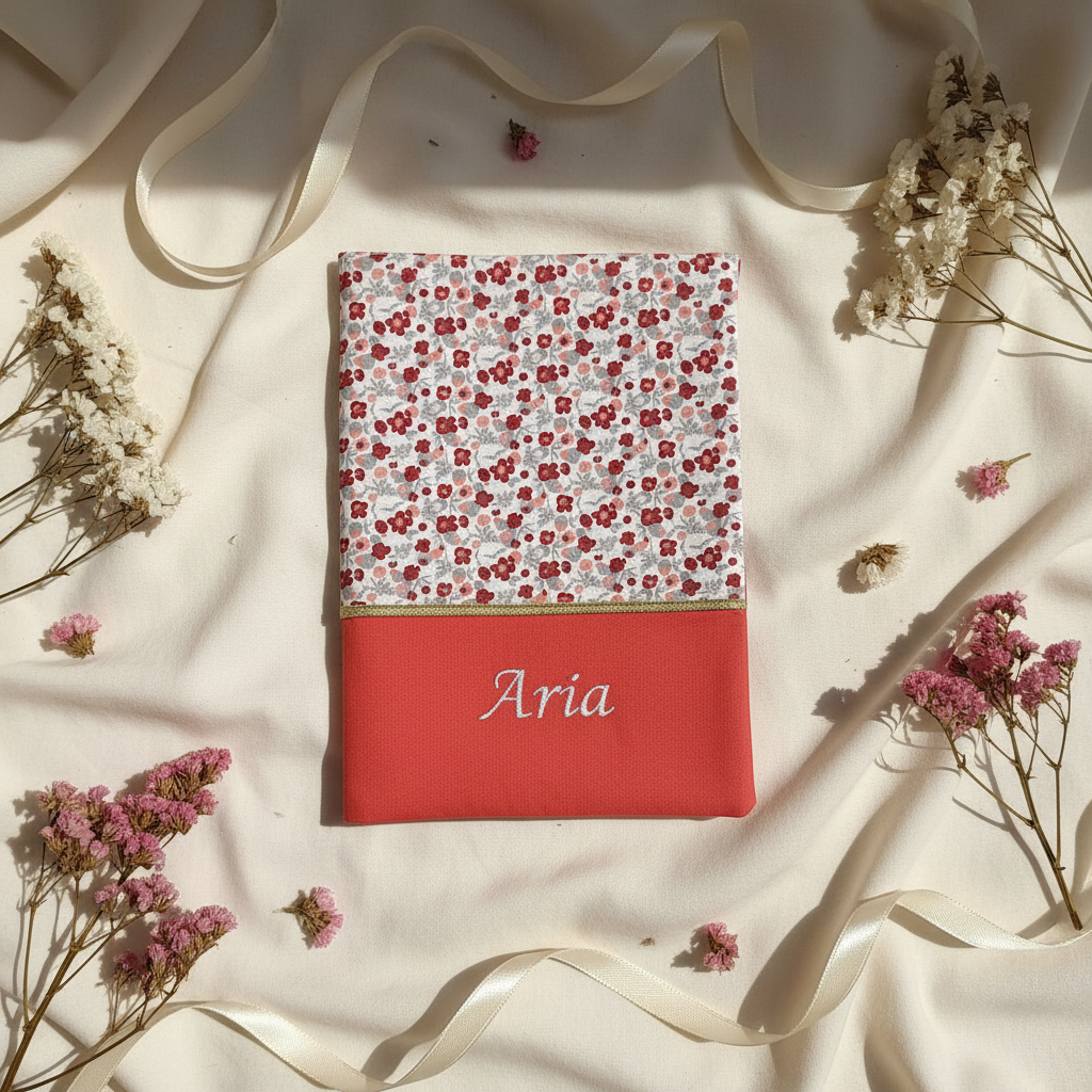 Protège carnet de santé personnalisé pour fille avec le prénom Aria brodé sur tissu rouge corail, rehaussé d'un imprimé floral liberty romantique.