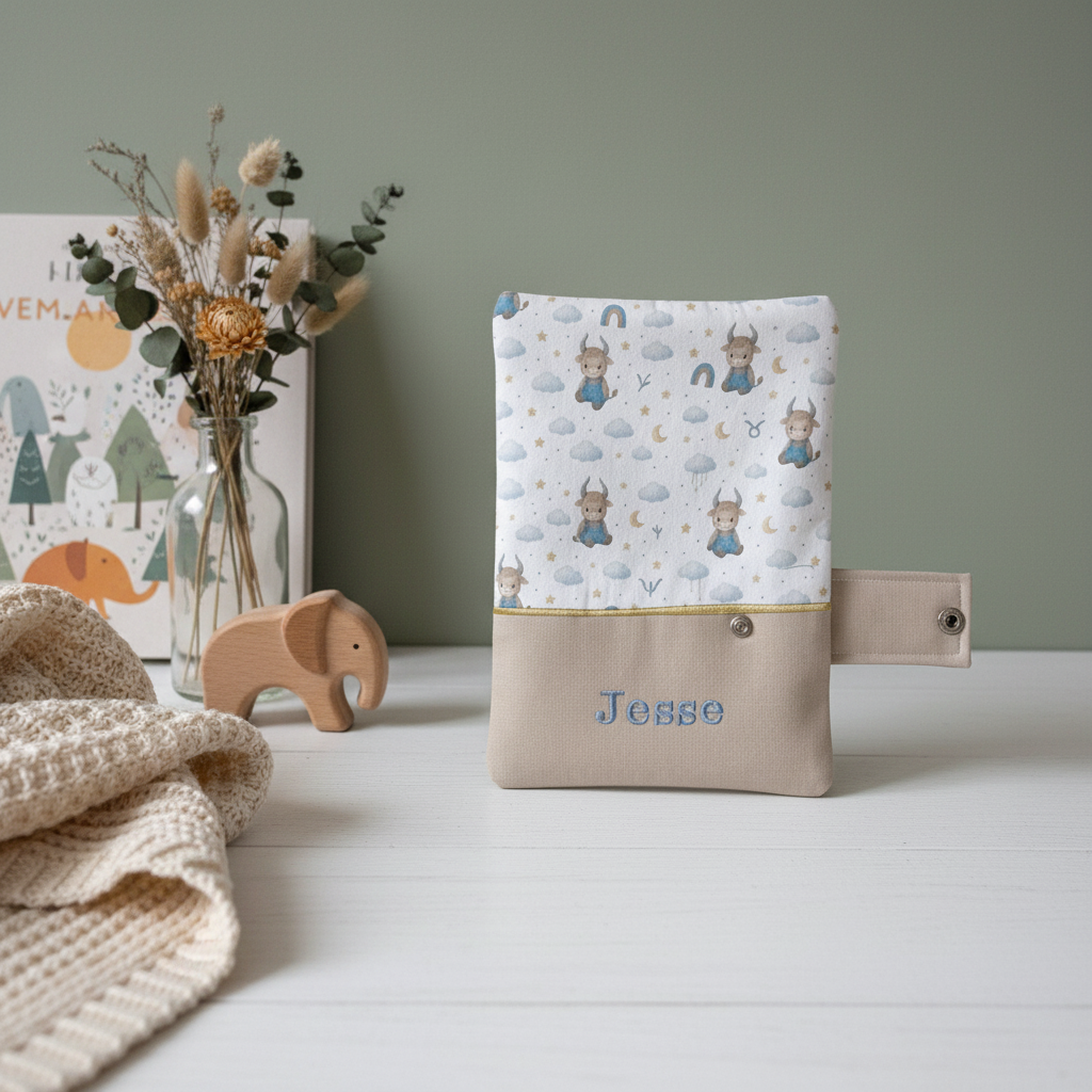Protège carnet de santé bébé personnalisé prénom motif Taureau astrologie fait main France.