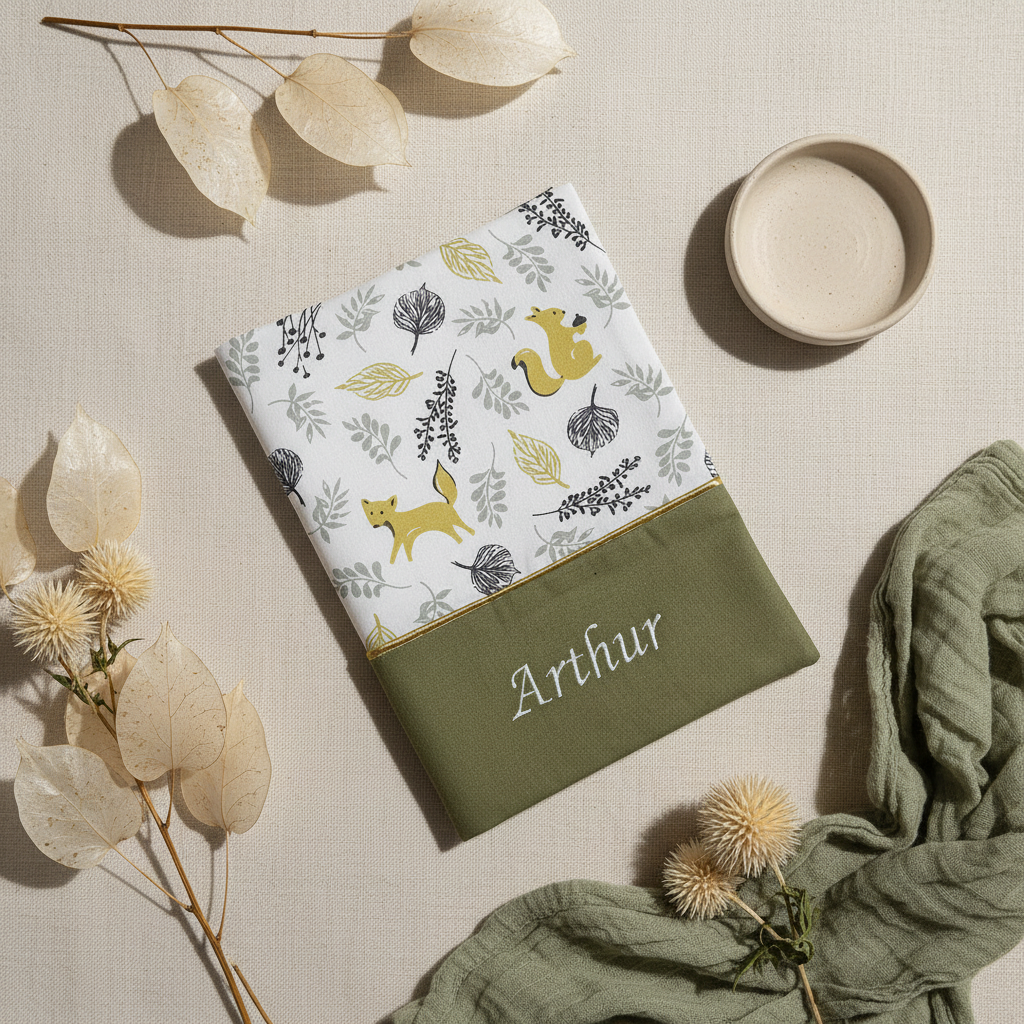 Mise en scène douce et naturelle présentant un protège carnet de santé brodé Arthur avec motif renards, entouré de fleurs séchées et d'un lange en gaze de coton vert kaki.
