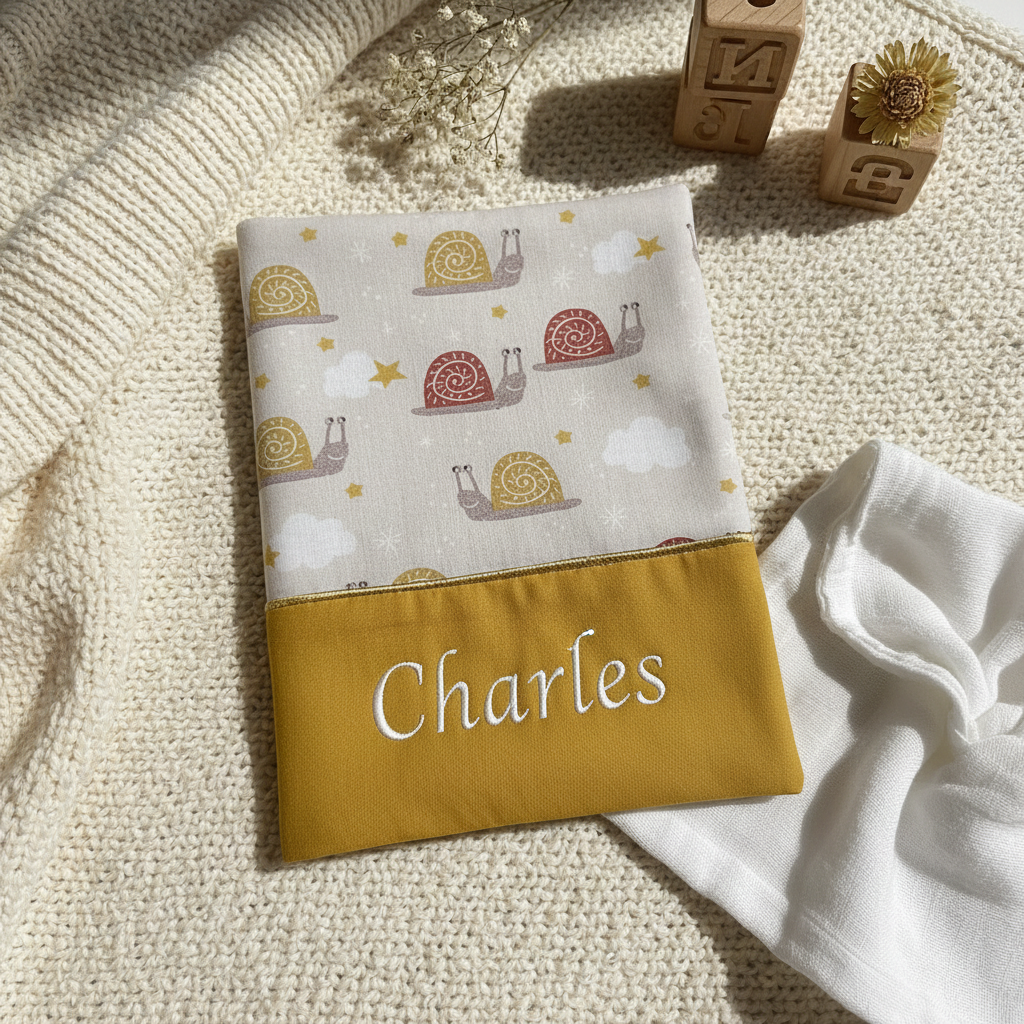 Protège carnet de santé personnalisé Charles brodé sur tissu jaune moutarde, avec motif escargots et étoiles, posé sur une couverture en tricot.
