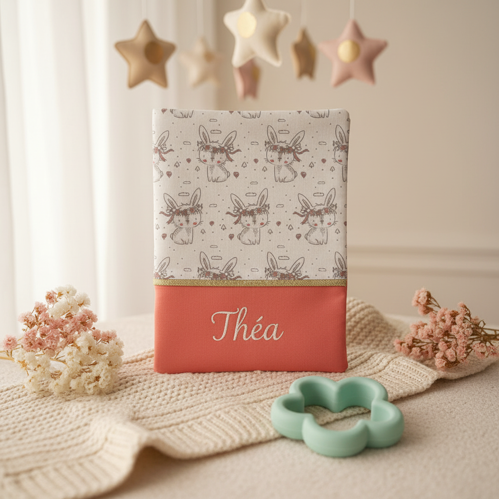 Protège carnet de santé brodé Théa posé debout sur une table à langer, ambiance douce avec mobile étoiles et fleurs séchées roses.