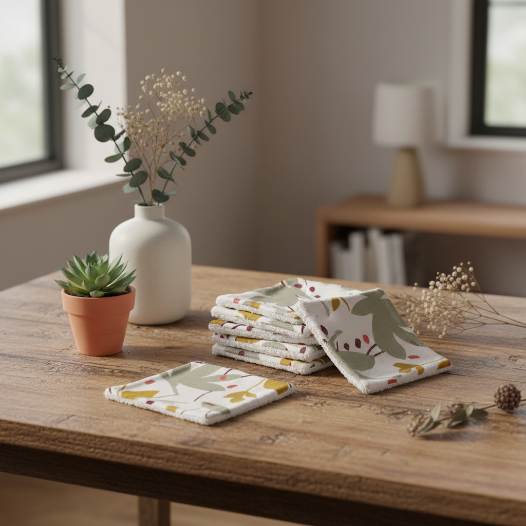 Lot de Lingettes Lavables Bébé – Motif Feuillage Moderne & Moutarde – Éponge Bambou