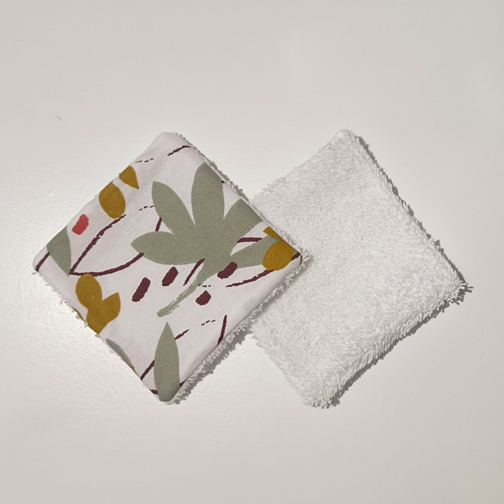 Lot de Lingettes Lavables Bébé – Motif Feuillage Moderne & Moutarde – Éponge Bambou