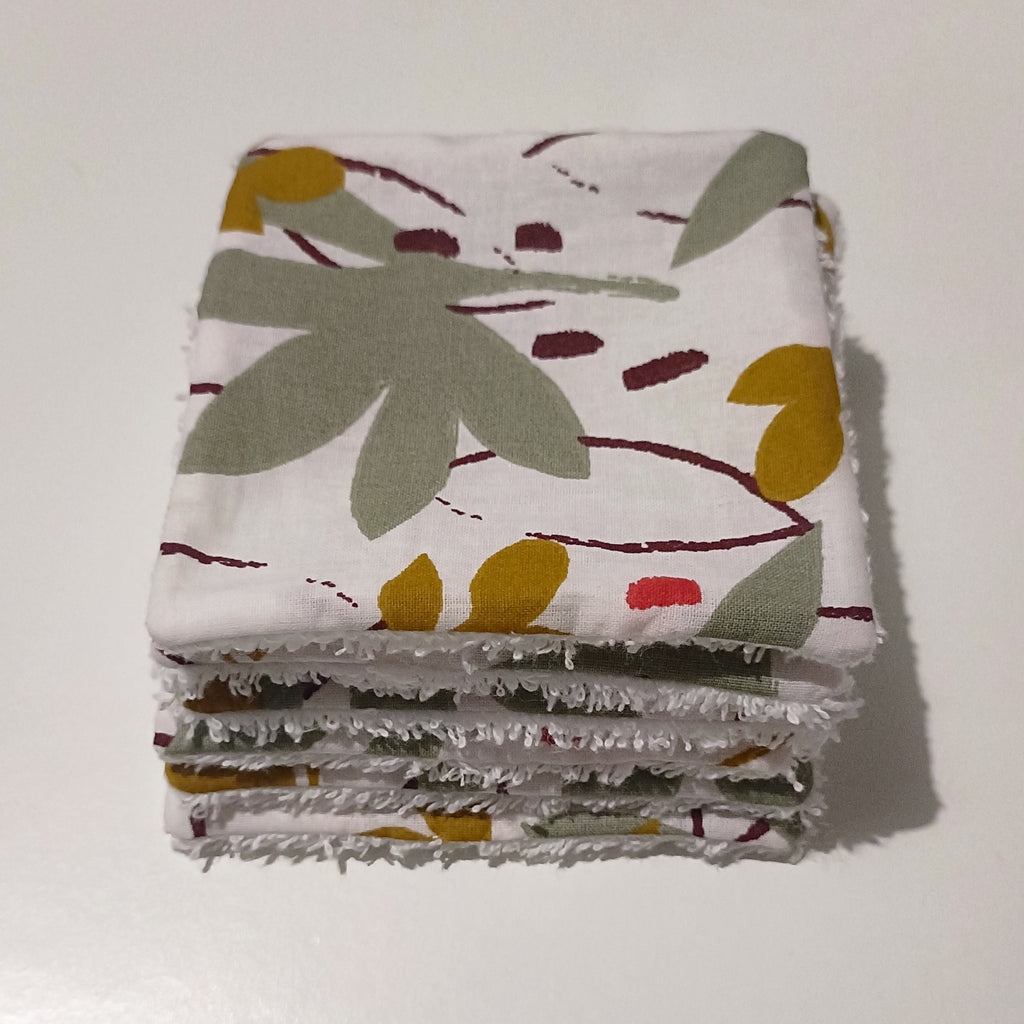 Lot de Lingettes Lavables Bébé – Motif Feuillage Moderne & Moutarde – Éponge Bambou