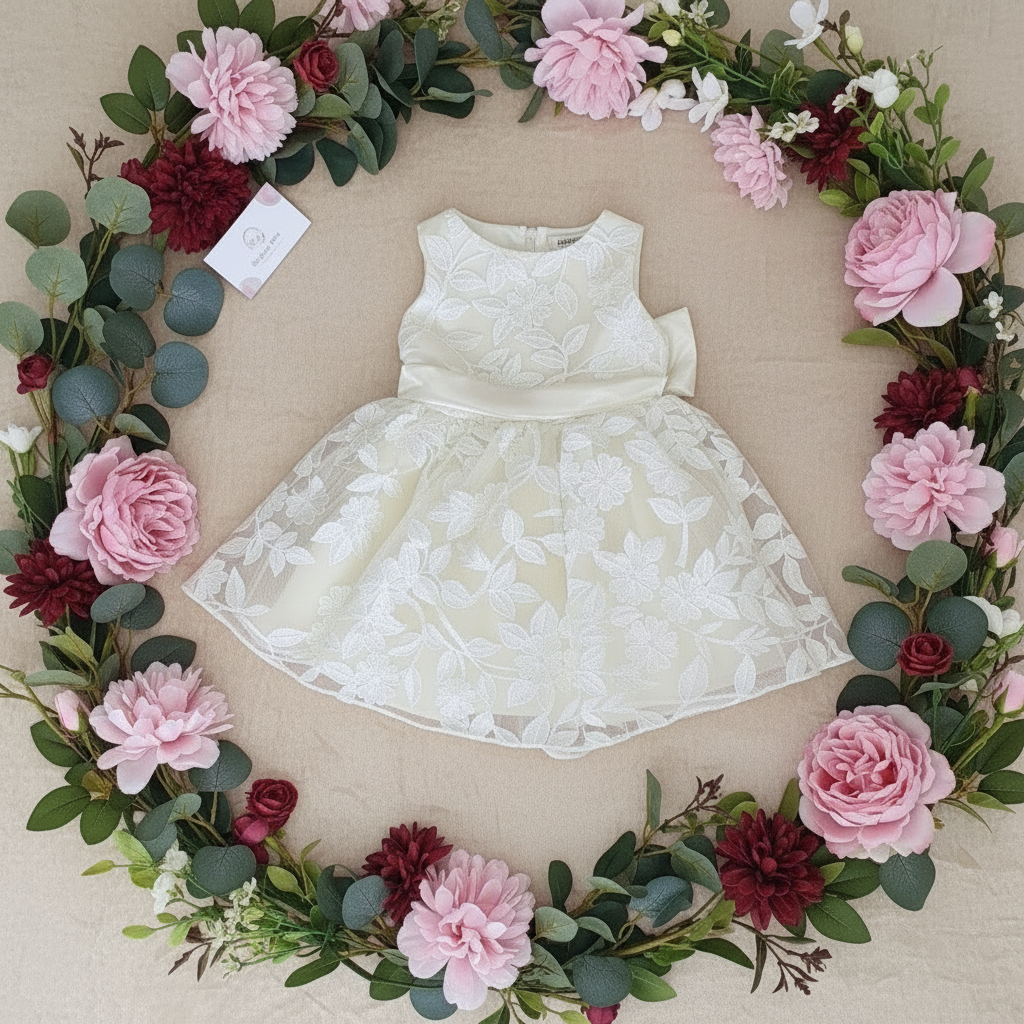 Robe de cérémonie blanche pour bébé fille avec broderies florales, mise en scène au centre d'une couronne de fleurs roses et bordeaux. Idée tenue de baptême ou mariage.