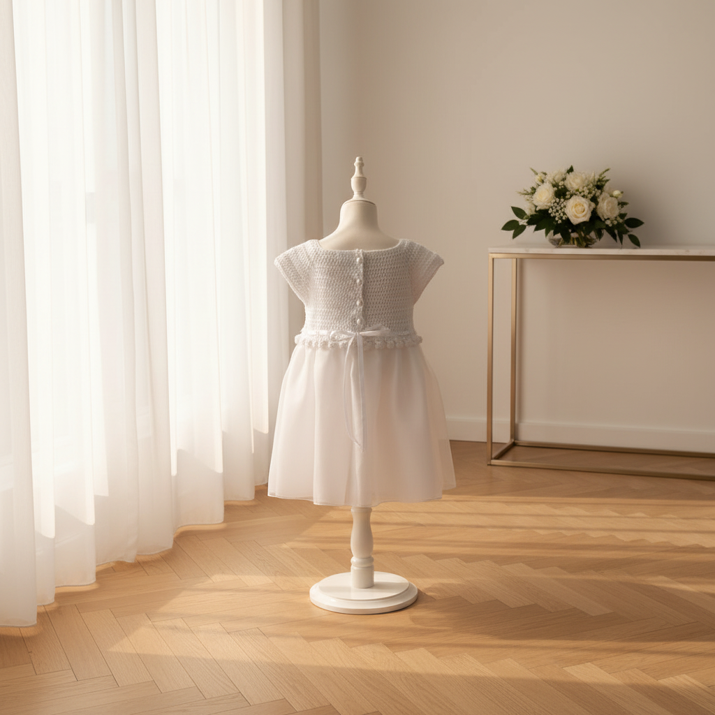 Vue de dos de la robe de baptême fille blanche, avec haut en crochet, boutons et jupe en organza.