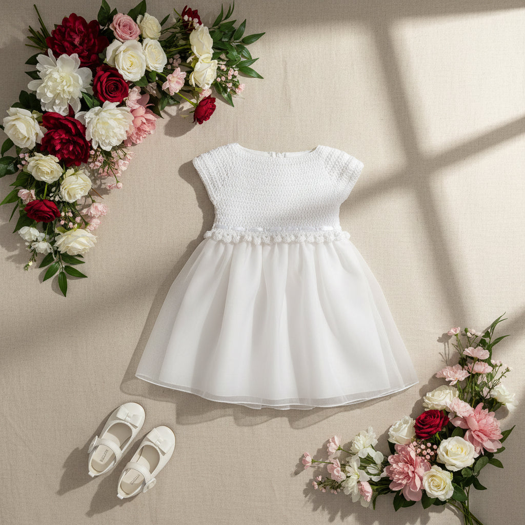 Robe de baptême fille blanche à haut crocheté et jupe en organza, présentée à plat avec chaussures et fleurs.
