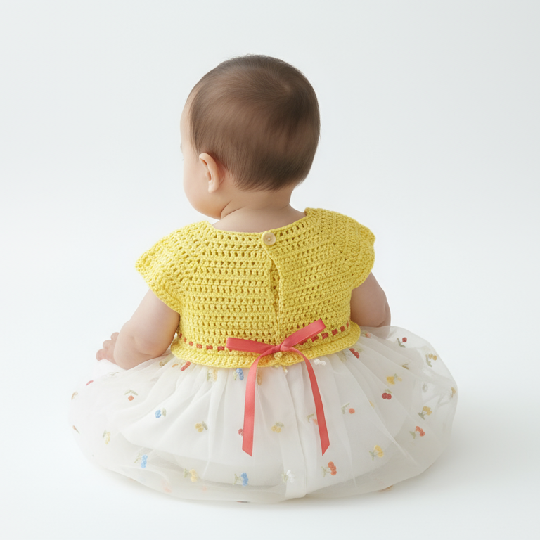 Bébé de dos portant la robe d'été jaune. Détail du haut en crochet fait main boutonné au dos et du ruban rouge à la taille. Jupe en tulle brodé.