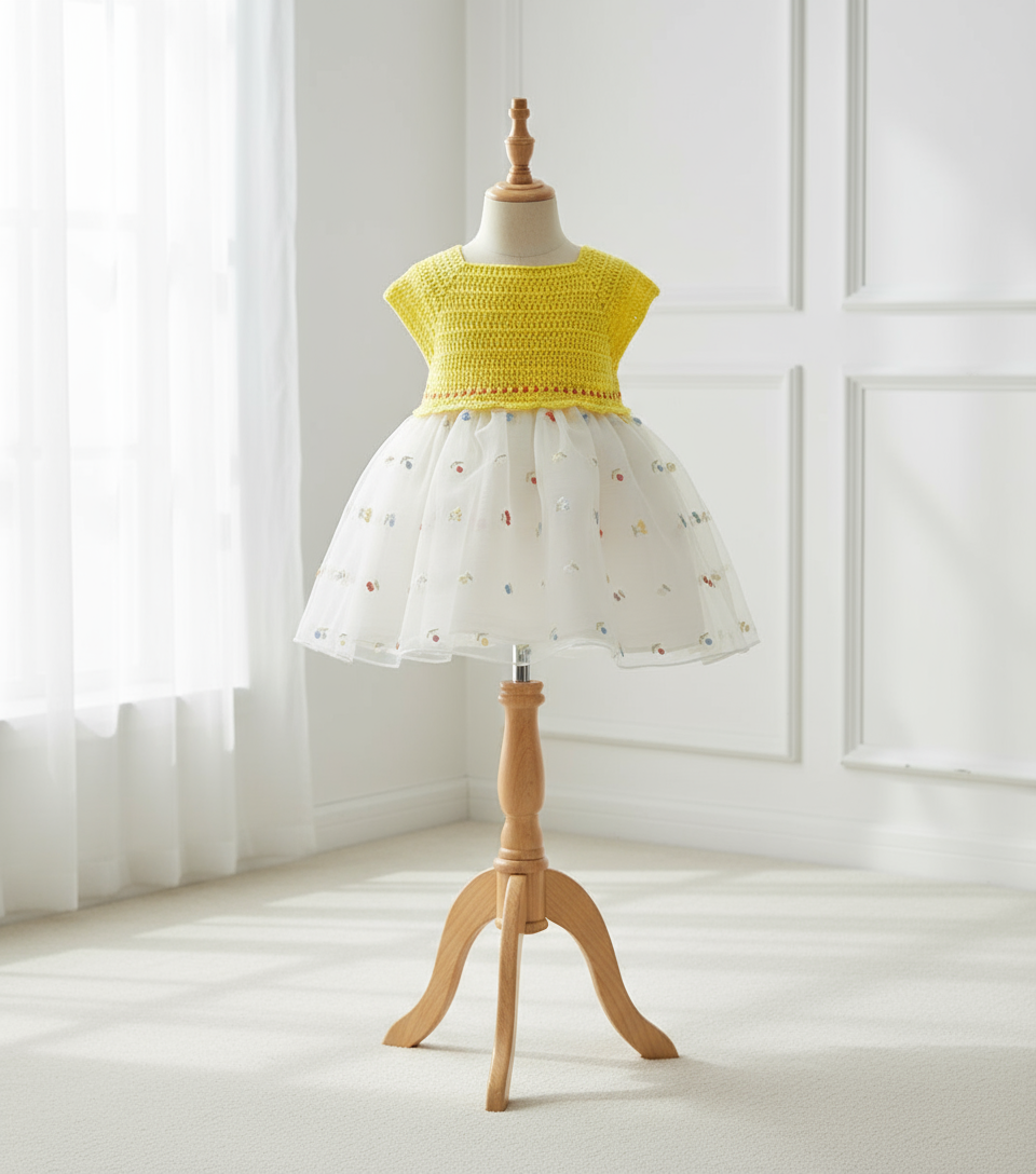 Robe d'été pour bébé fille présentée sur mannequin. Haut en crochet jaune soleil et jupe en tulle blanc parsemée de petites broderies colorées.