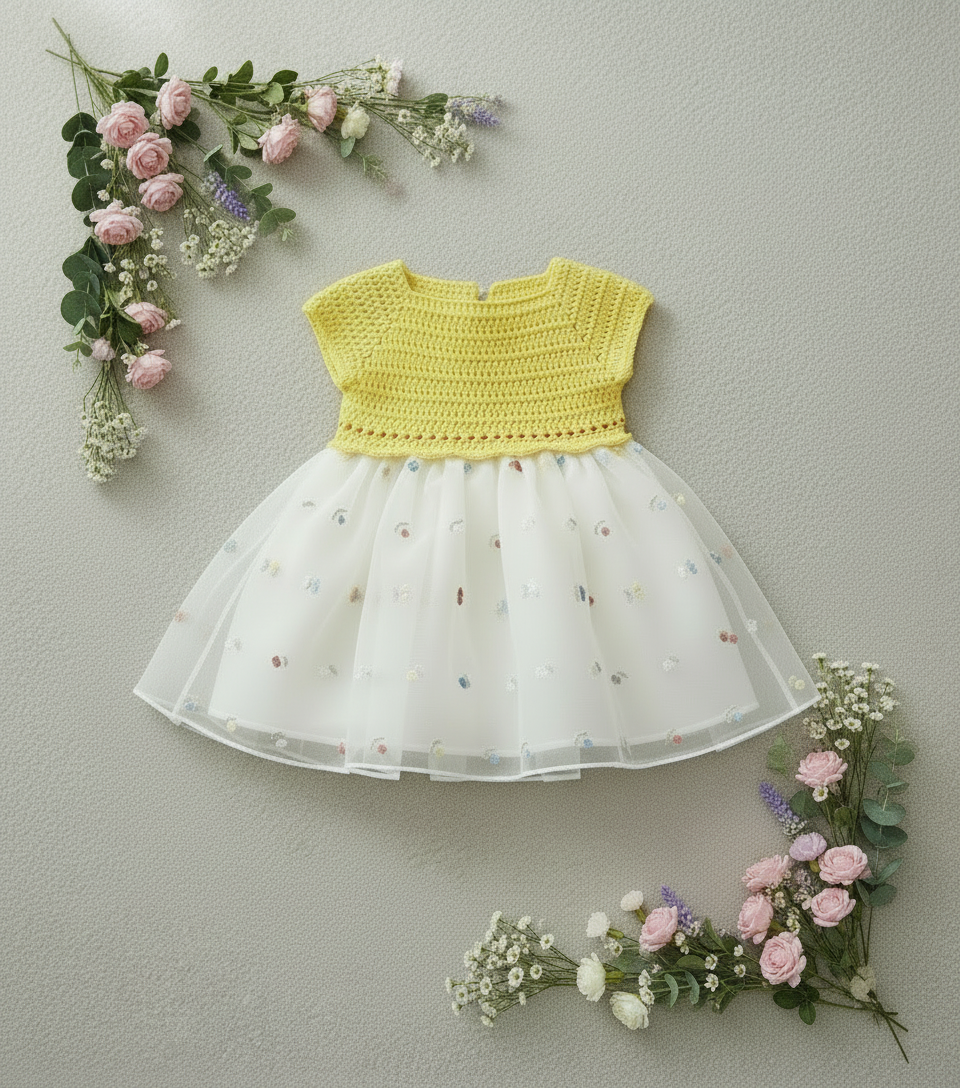 Robe d'Été Bébé "Soleil" – Haut Crochet Jaune & Tulle Brodé