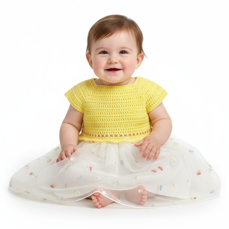 Bébé fille souriante assise portant la robe d'été en crochet jaune et tulle. Vue de face montrant le confort et le volume de la jupe étalée.