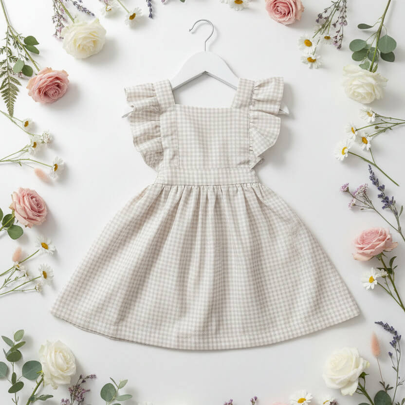 Robe Camille vichy beige sur cintre blanc, mise en scène flat lay entourée de roses, marguerites et eucalyptus