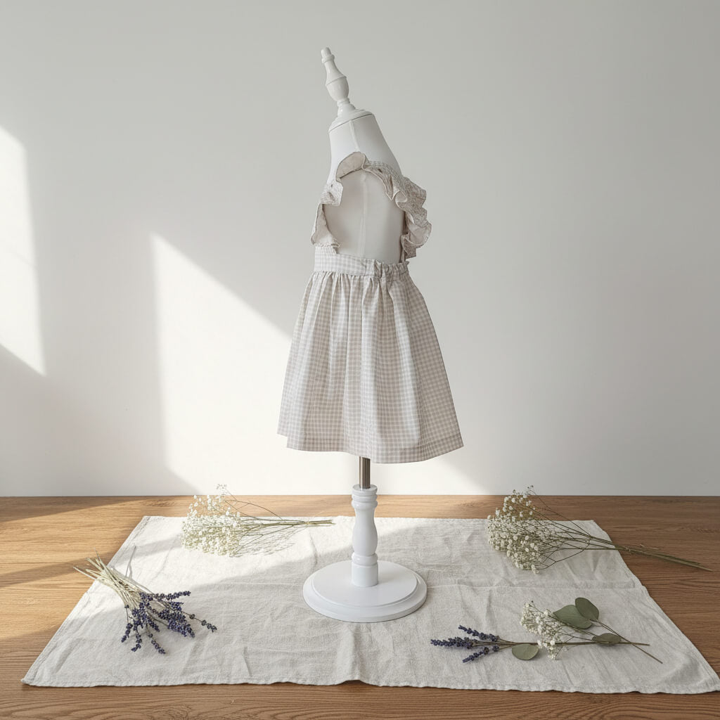 Vue cote de la robe Camille vichy beige sur mannequin, mise en scène avec lavande et gypsophile sur tissu lin