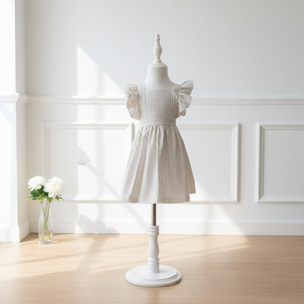 Robe Camille vichy beige à volants papillon sur mannequin, dans un intérieur lumineux aux boiseries blanches