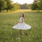 Fillette virevoltant dans une prairie fleurie avec la robe Camille vichy beige, panier en osier à la main
