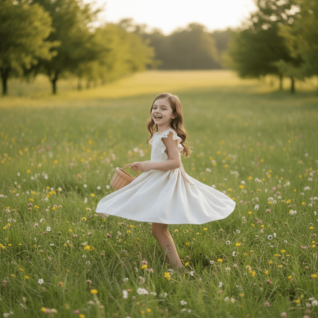Fillette virevoltant dans une prairie fleurie avec la robe Camille vichy beige, panier en osier à la main
