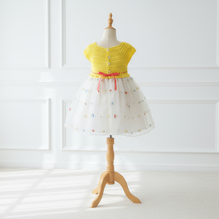 Vue de dos de la robe bébé sur mannequin. Détail de la fermeture par boutons sur le haut en crochet jaune et du nœud en ruban rouge à la taille.