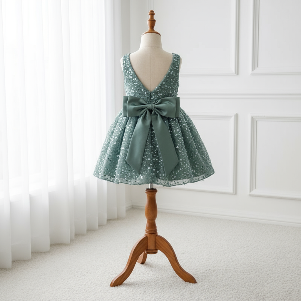 Vue de dos de la robe vert sauge, mettant en valeur le grand nœud en satin élégant et le décolleté en V. Idéal cortège mariage.