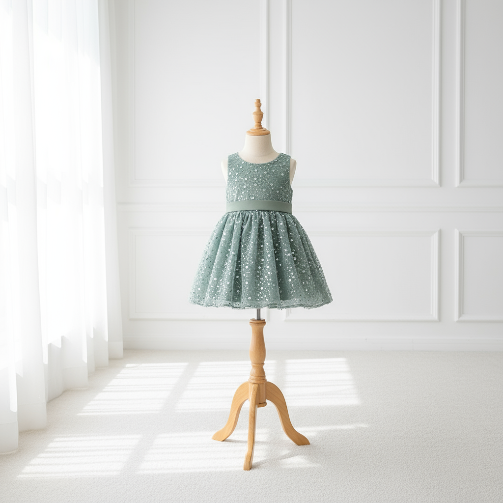 Robe de cérémonie pour bébé fille couleur vert sauge à sequins, présentée sur mannequin. Vue de face montrant la coupe évasée et le tulle scintillant.