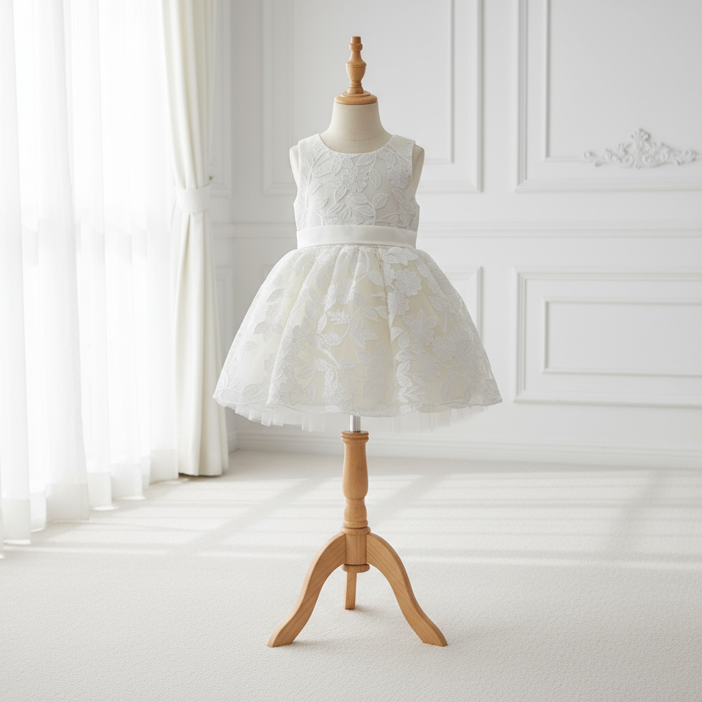Robe de cérémonie blanche pour fille présentée sur mannequin. Détail du tulle brodé de motifs floraux et de la ceinture satinée à la taille. Tenue idéale pour baptême.