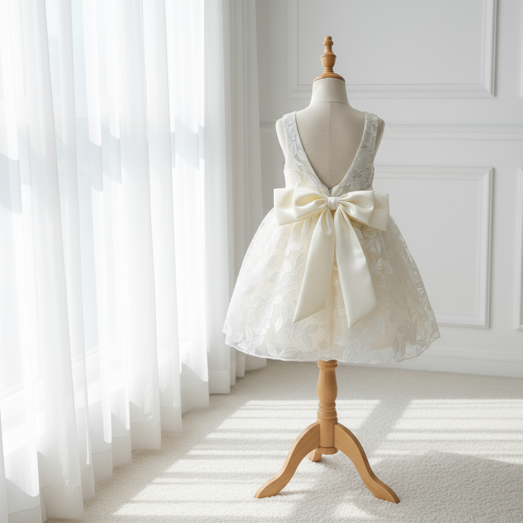 Vue de dos de la robe de cérémonie blanche pour fille. Grand nœud en satin élégant et décolleté en V au dos. Robe en tulle brodé idéale pour les demoiselles d'honneur.