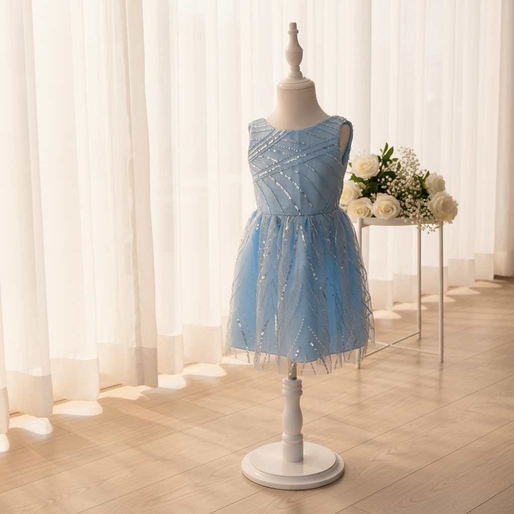 Robe de cérémonie fille Rêve Céleste bleu ciel à sequins argentés, présentée de face sur mannequin.