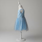 Robe de cérémonie fille bleu ciel en tulle à sequins – vue de profil