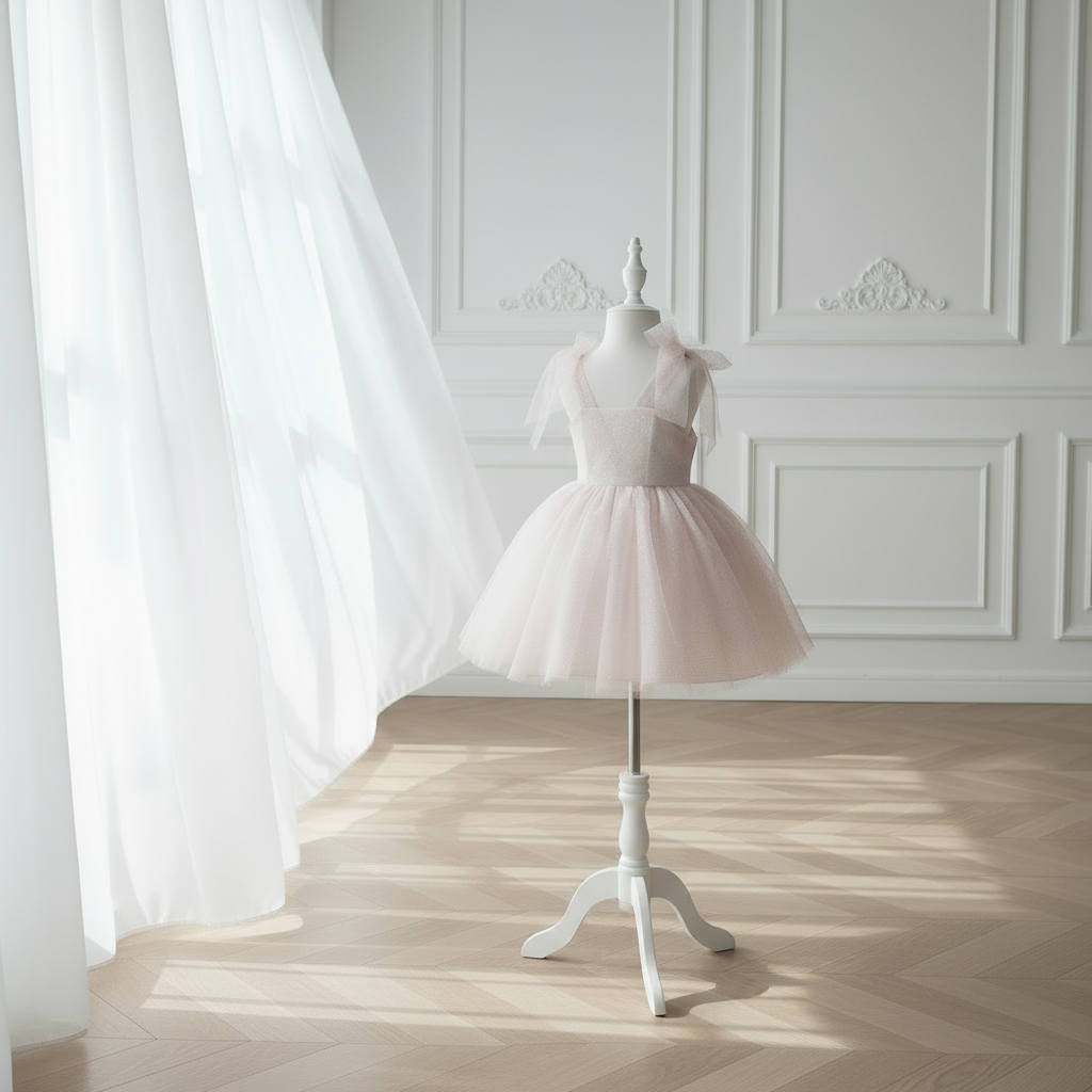 Vue de dos d'une robe de cérémonie pour enfant en tulle rose pailleté, montrant le bustier avec smocks extensibles pour un ajustement confortable et les nœuds en tulle sur les épaules.