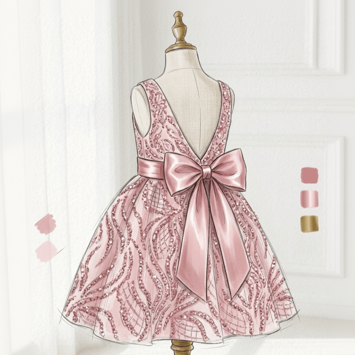 Croquis de création sur mesure d'une robe de cérémonie fille rose poudré à sequins et grand nœud satin dans le dos, avec palette coloris