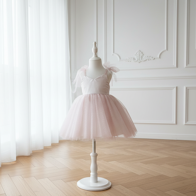 Robe de cérémonie pour enfant en tulle rose poudré pailleté avec nœuds sur les épaules, présentée de face sur un mannequin blanc.