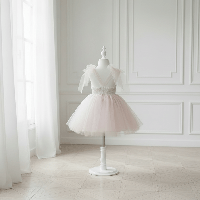 Vue de dos d'une robe de cérémonie fille en tulle rose poudré avec décolleté en V et noeuds en tulle aux épaules, sur mannequin dans un intérieur élégant