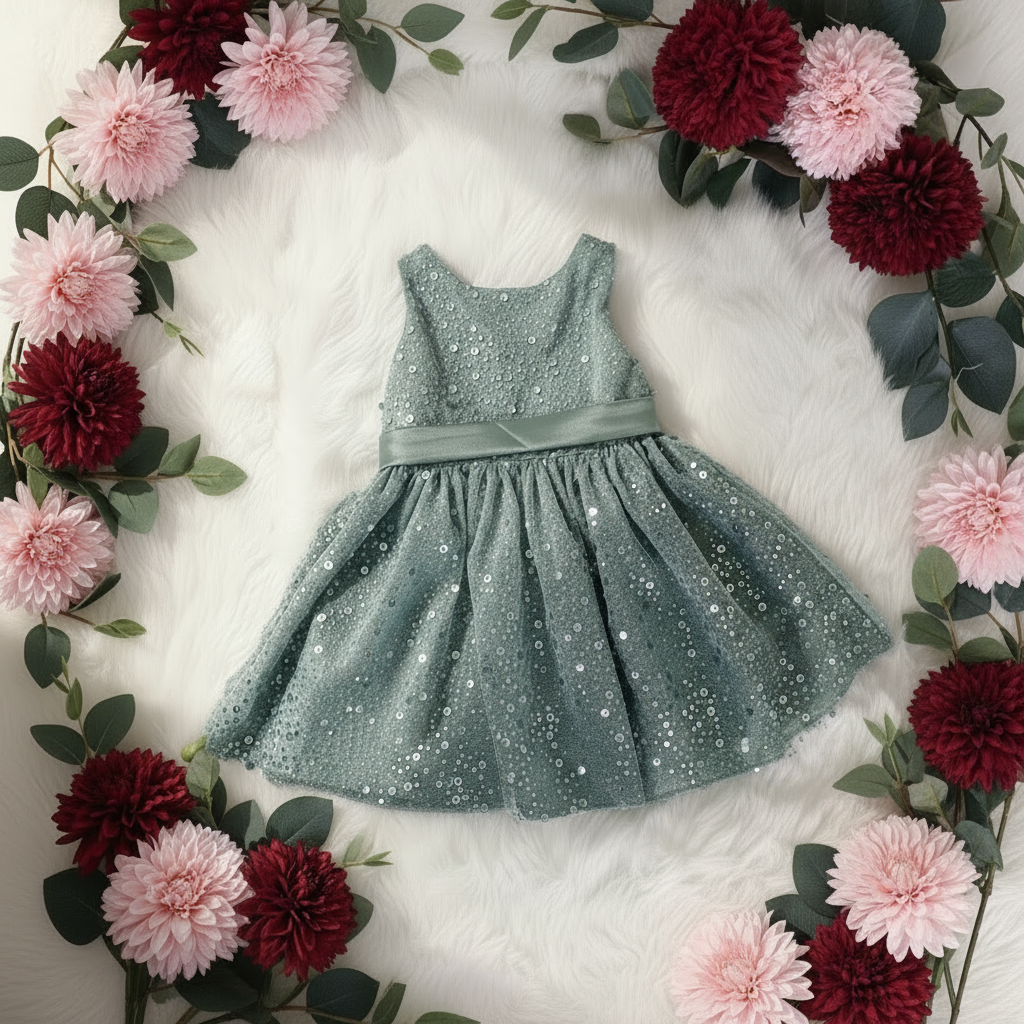 Robe de cortège bébé vert sauge mise en scène au milieu d'une couronne de fleurs. Tenue idéale pour un baptême ou un mariage champêtre.