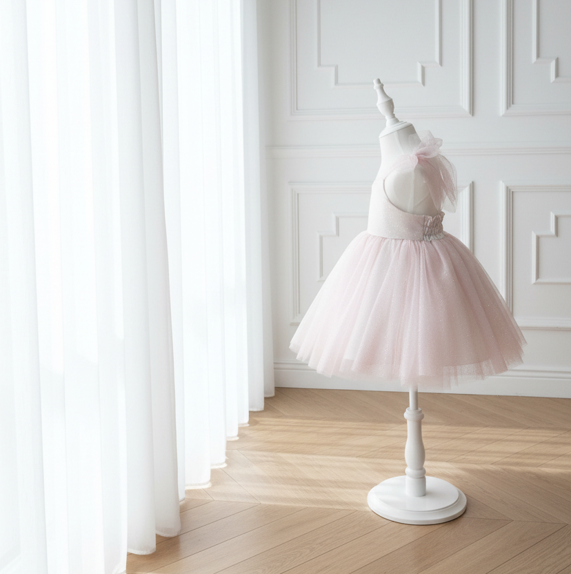 Vue de profil d'une robe enfant en tulle rose brillant montrant le détail des nœuds vaporeux aux épaules et la jupe volumineuse.