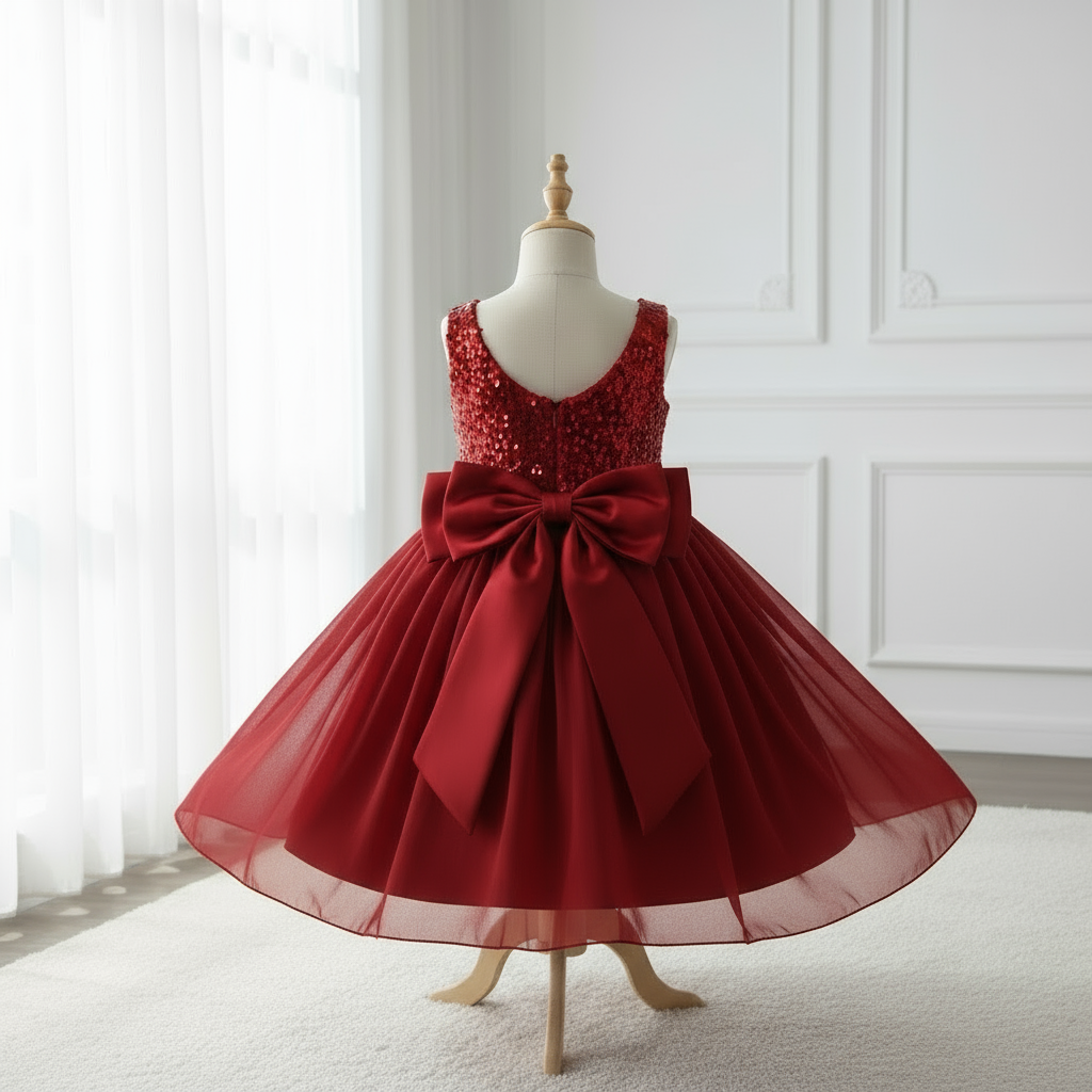 Vue de dos de la robe de cérémonie rouge pour fille. Détail du grand nœud en satin élégant à la taille et du bustier à paillettes.