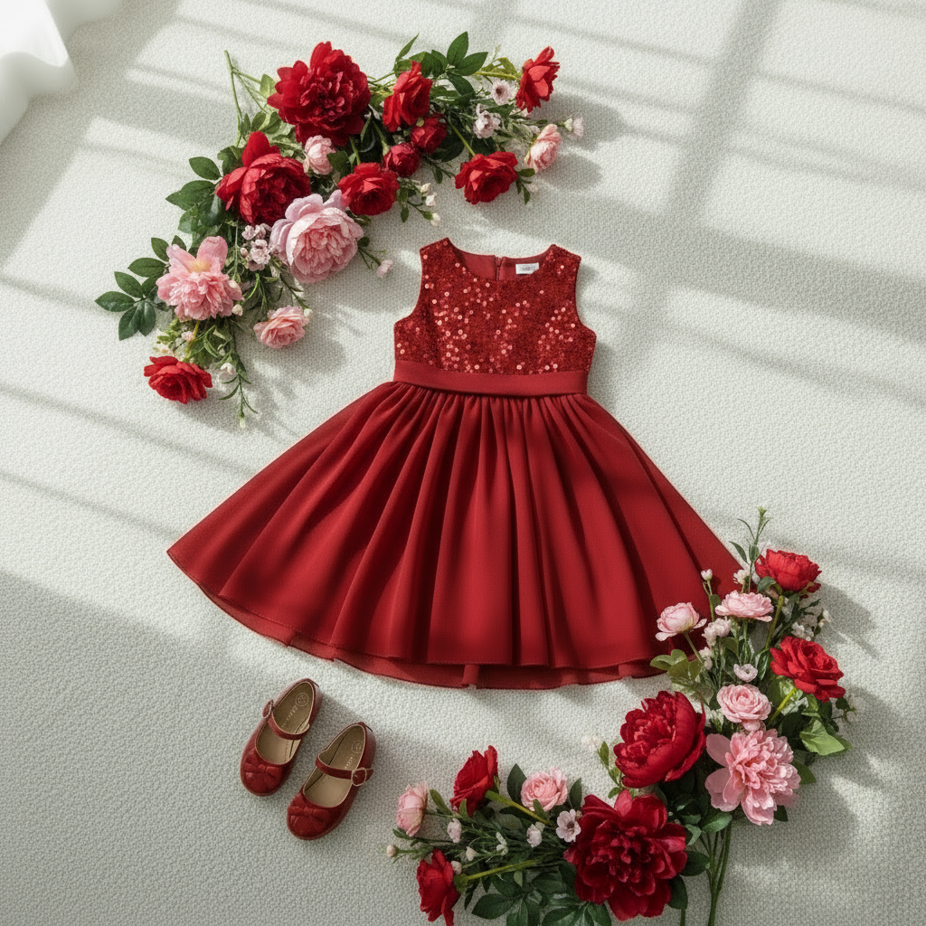 Mise en scène féerique de la robe de Noël fille rouge à paillettes et tulle. Tenue de fête présentée à plat avec chaussures assorties et fleurs pour un look de cérémonie élégant.