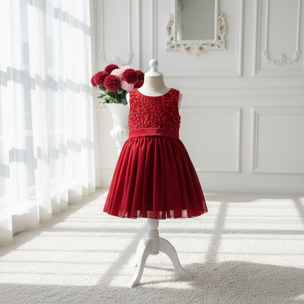 Robe de cérémonie rouge rubis pour fille présentée sur mannequin. Bustier à sequins scintillants et jupe en tulle fluide. Tenue idéale pour Noël et les fêtes de fin d'année.