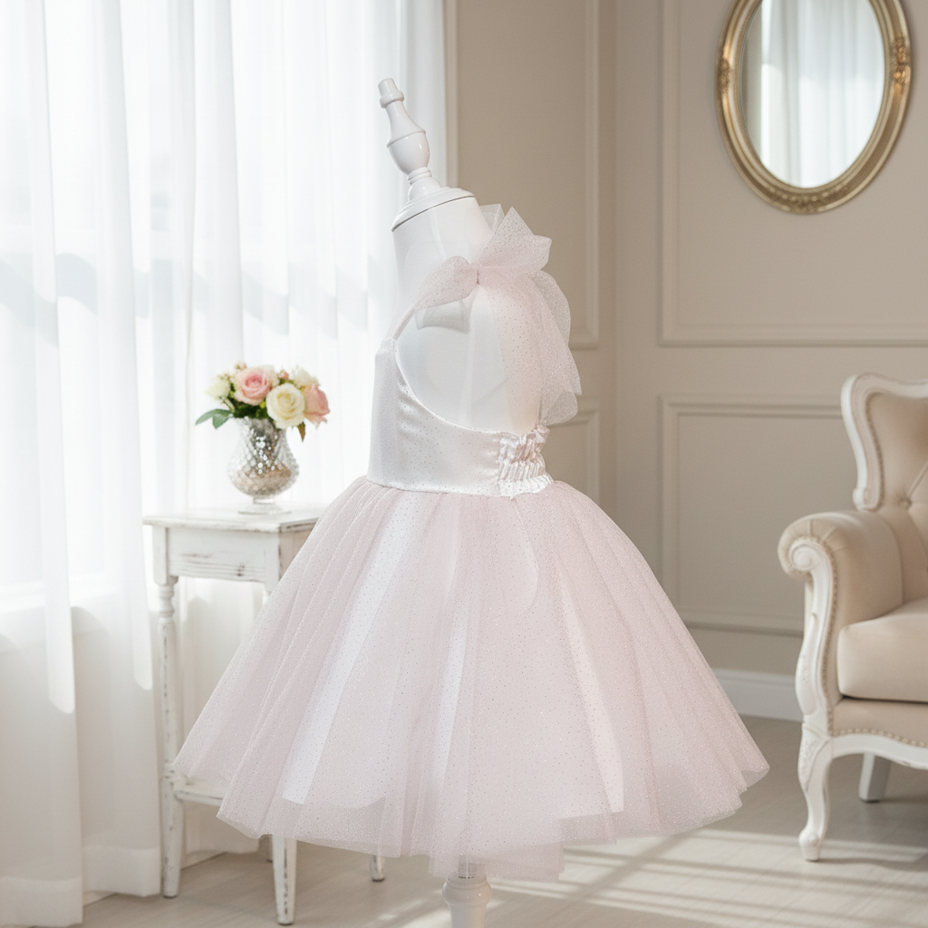 Robe de fête en tulle rose exposée dans un intérieur classique élégant avec fauteuil de style et rideaux blancs.