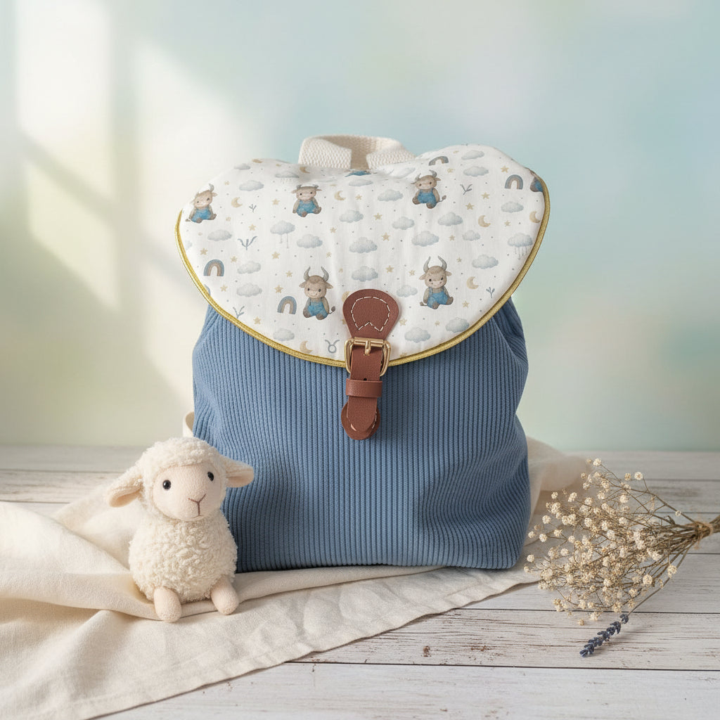 Sac à dos enfant personnalisé velours bleu, collection Céleste, mis en scène avec doudou mouton et fleurs séchées