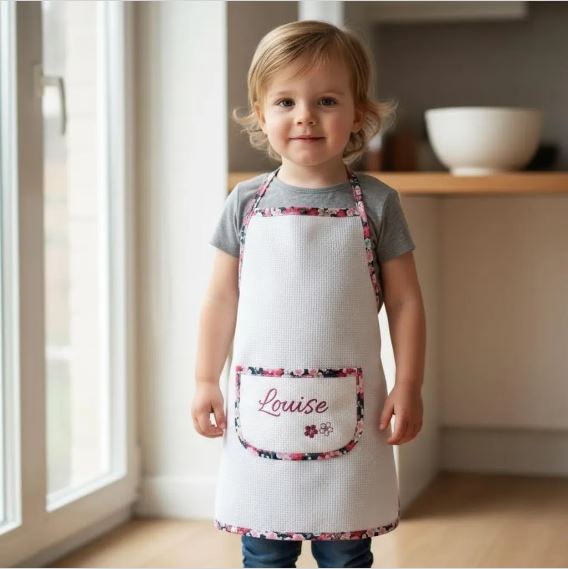 Petite fille blonde portant un tablier personnalisé en tissu nid d'abeille blanc avec des bordures fleuries et le prénom "Louise" brodé sur la poche, debout dans une cuisine lumineuse.